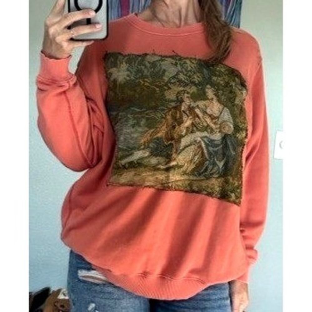 Aerie Upcycled Tapestry Patch Crewneck Sweatshirt Coral Pink French Terry M